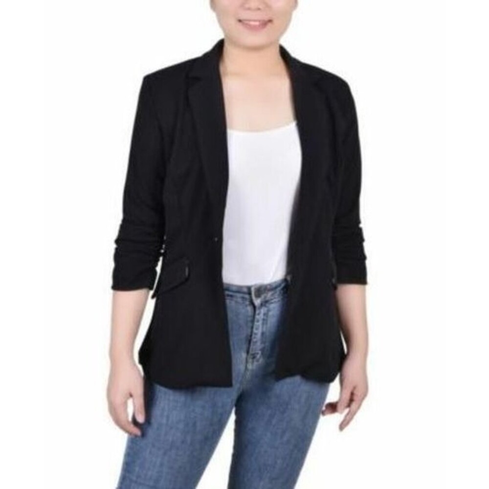 NWT Size L in petites Ny Collection Women's 3/4 Rouched Sleeve Crepe Jacket